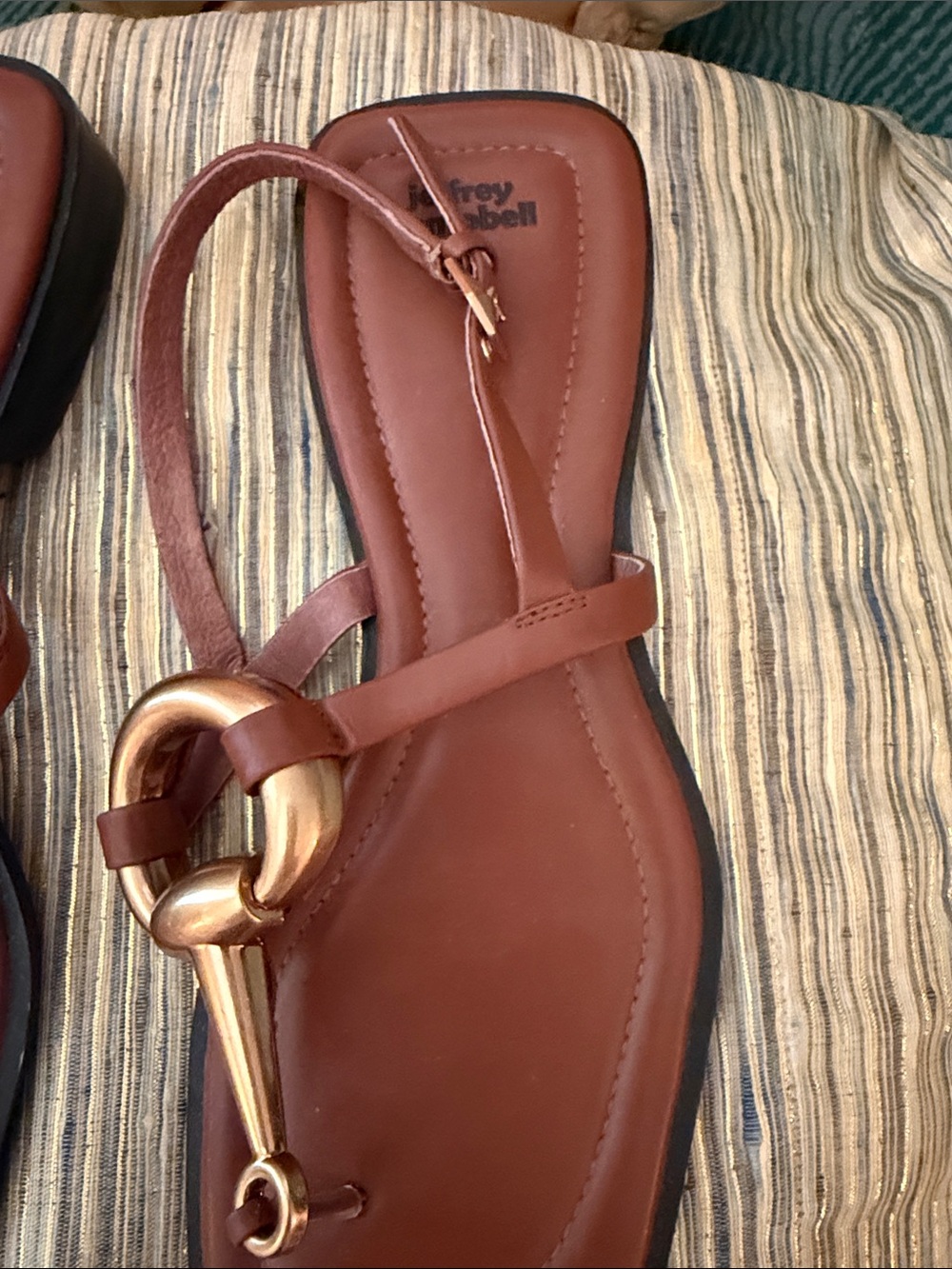 Jeffrey Campbell Brown Leather T-Strap Sandals with Gold Horsebit Accent - Picture 6 of 10